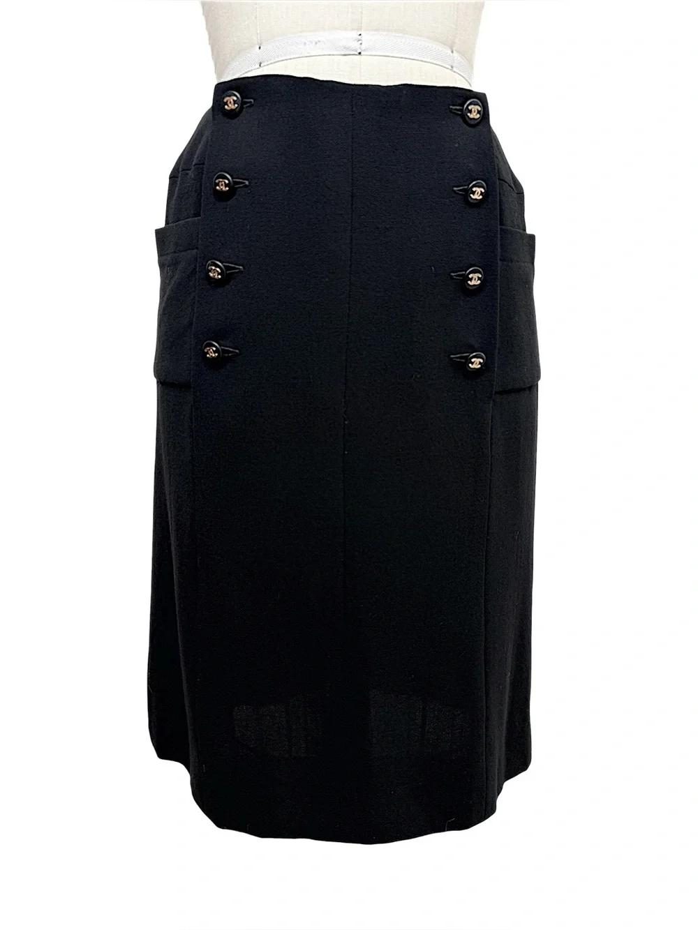 Chanel 1997 Vintage Black Gold CC Button Midi Skirt